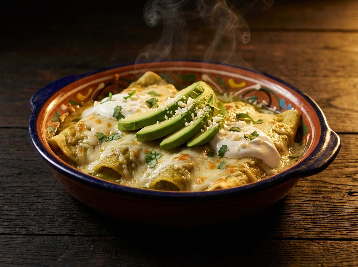 Green chile enchiladas with avocado and crema
