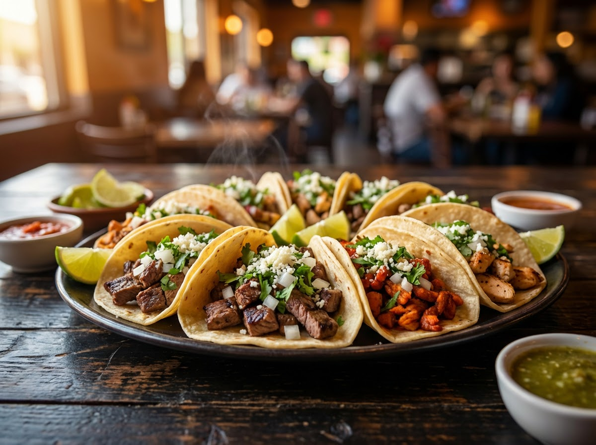 Fresh Mexican street tacos with grilled meats, cilantro, onion, lime, and salsa