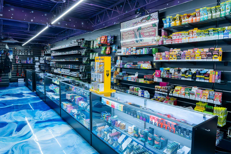 Modern premium retail interior with display cases and shelving